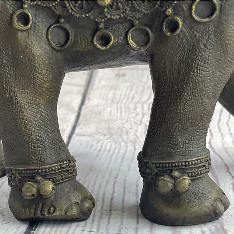 Indian Imitative Elephant Bronze Metal Figurine Sculpture Decor Signed Original 8.5 Inches X 12 Inches