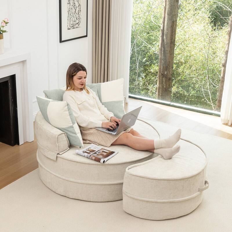 47.63" Round Lazy Fully Compression Sofa, Chenille, with Ottoman