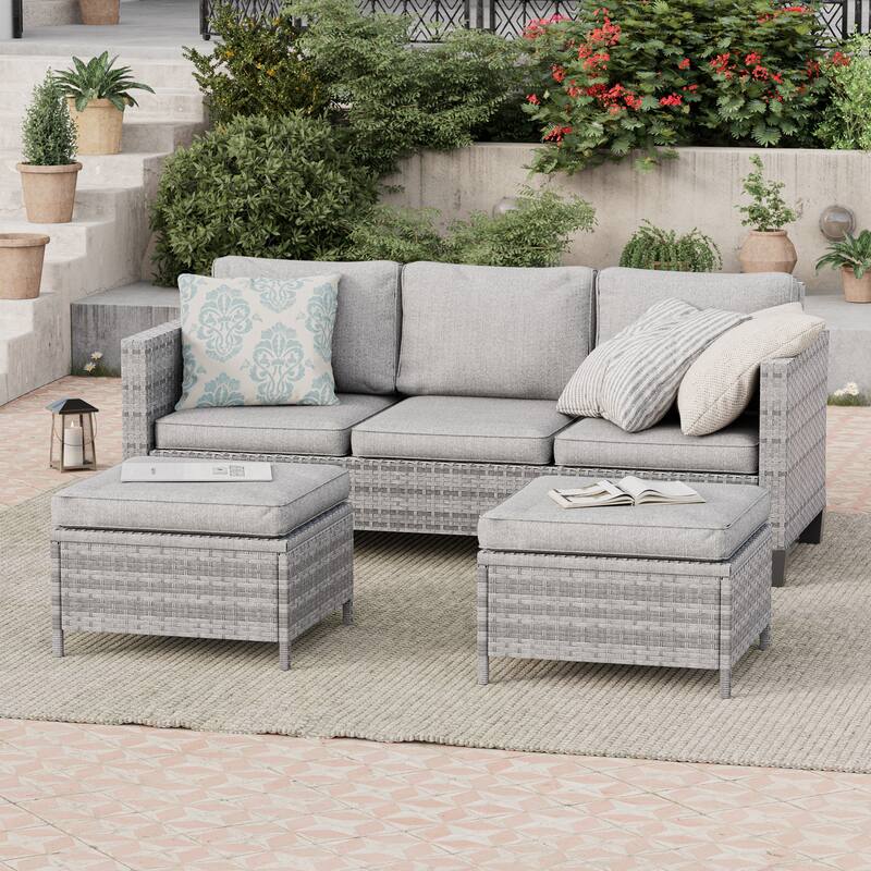 BONOSUKI 3-Piece Patio Sofa Set Grey Rattan Furniture with Ottomans - Linen Grey