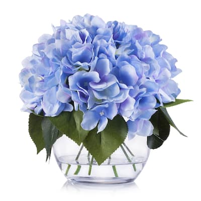 Enova Home Blue Artificial Silk Hydrangea Fake Flowers Arrangement in Clear White Vase with Faux Water for Home Wedding Decor