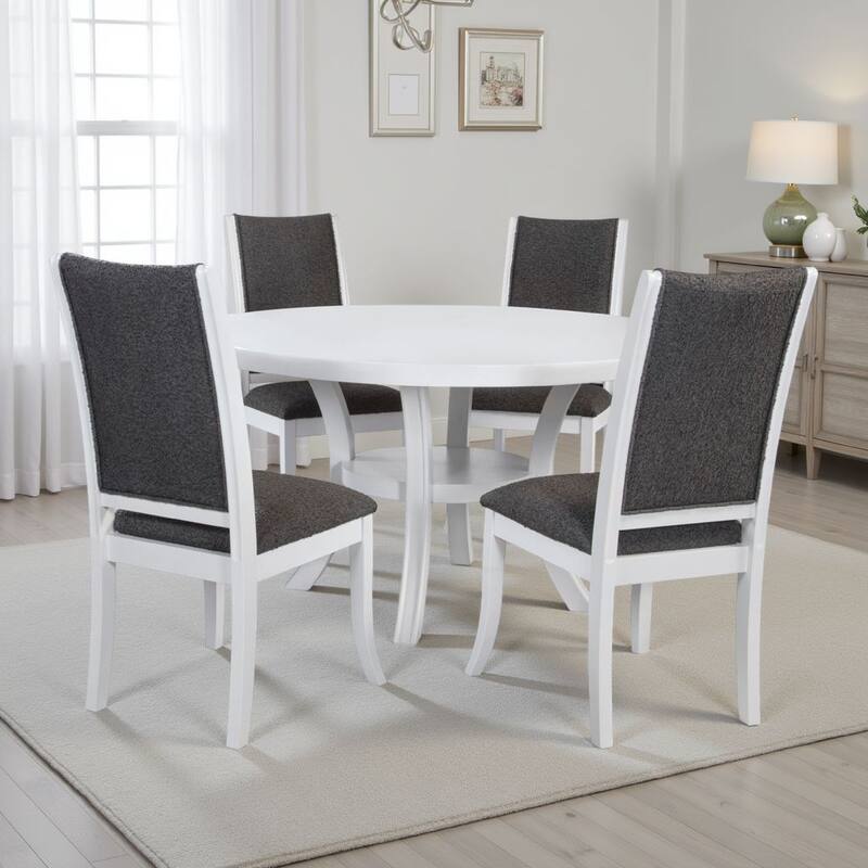 Judy 5pc Round Dining Table Set, Flared Legs, Gray Fabric, White Wood