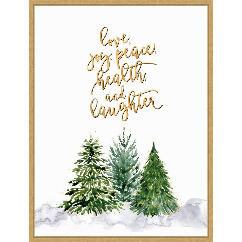 Christmas trees with holiday wishes by Rosana Laiz Blursbyai (23 x 30 in.), Framed Canvas Wall Art Print - Sylvie Bright Gold