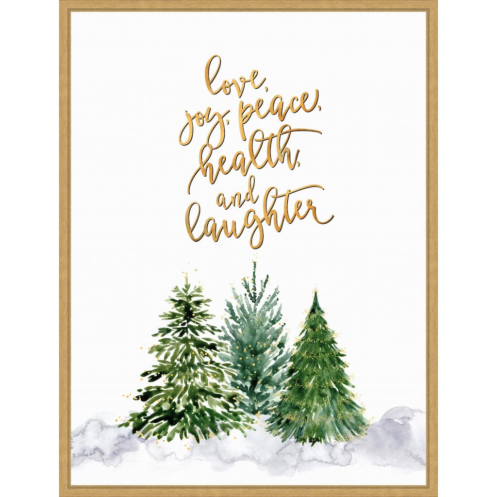 Christmas trees with holiday wishes by Rosana Laiz Blursbyai (23 x 30 in.), Framed Canvas Wall Art Print - Sylvie Bright Gold
