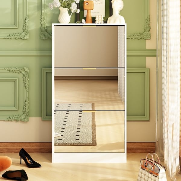 slide 2 of 24, Timechee Mirrored Flip Drawer Shoe Cabinet Storage Cabinet Organizer White