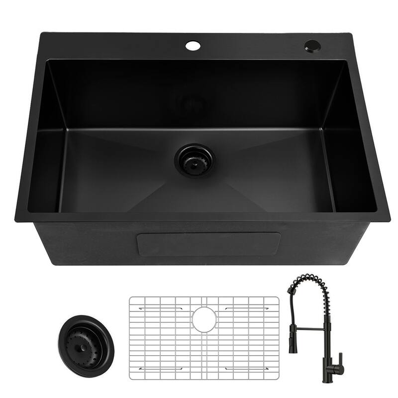 33 inch Drop-in Single Bowl Kitchen Sink, 18 Gauge Black Stainless Steel Kitchen Sink, Handmade Topmount Sink - Black