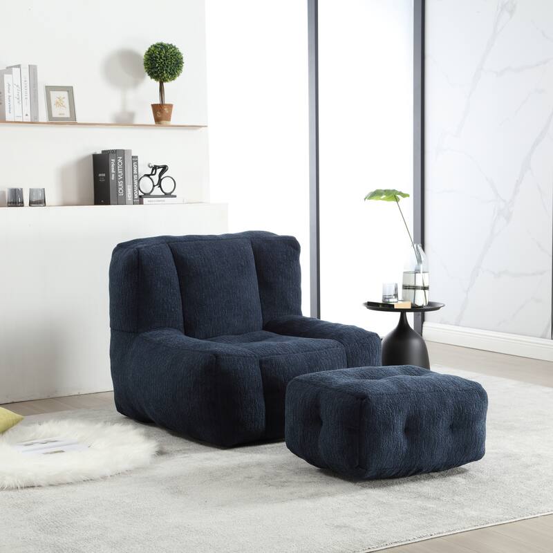 Fluffy Bean Bag Chair with Memory Foam and Ottoman, Super Soft Velvet Bean Bag for Adults & Kids, Comfortable Lazy Sofa