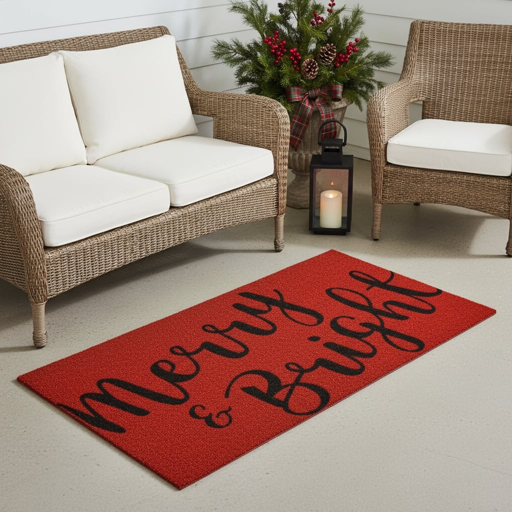 HomeRoots 36" X 72" Red And Black Christmas Merry and Bright Outdoor Coir Door Mat - 36.00' X '72.00