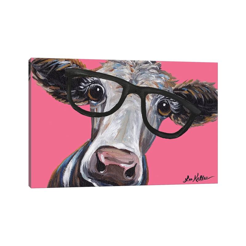 iCanvas "Cora The Cow With Glasses On Pink" by Hippie Hound Studios Canvas Print