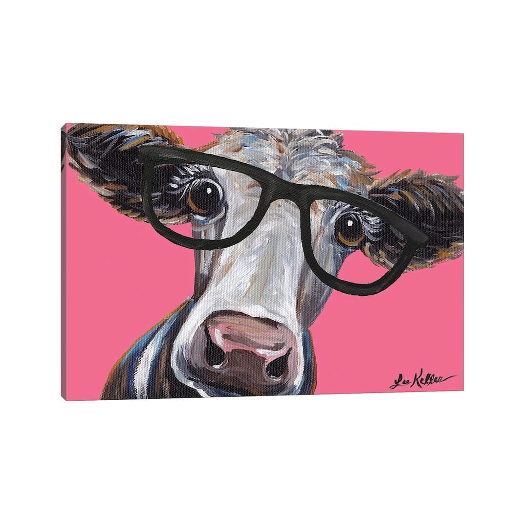 iCanvas "Cora The Cow With Glasses On Pink" by Hippie Hound Studios Canvas Print