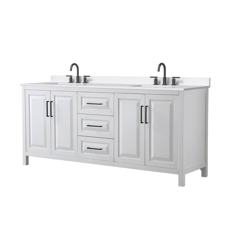 Daria 80-inch Double Vanity, 3 Hole Quartz Top - White, Black Trim, White Quartz Top