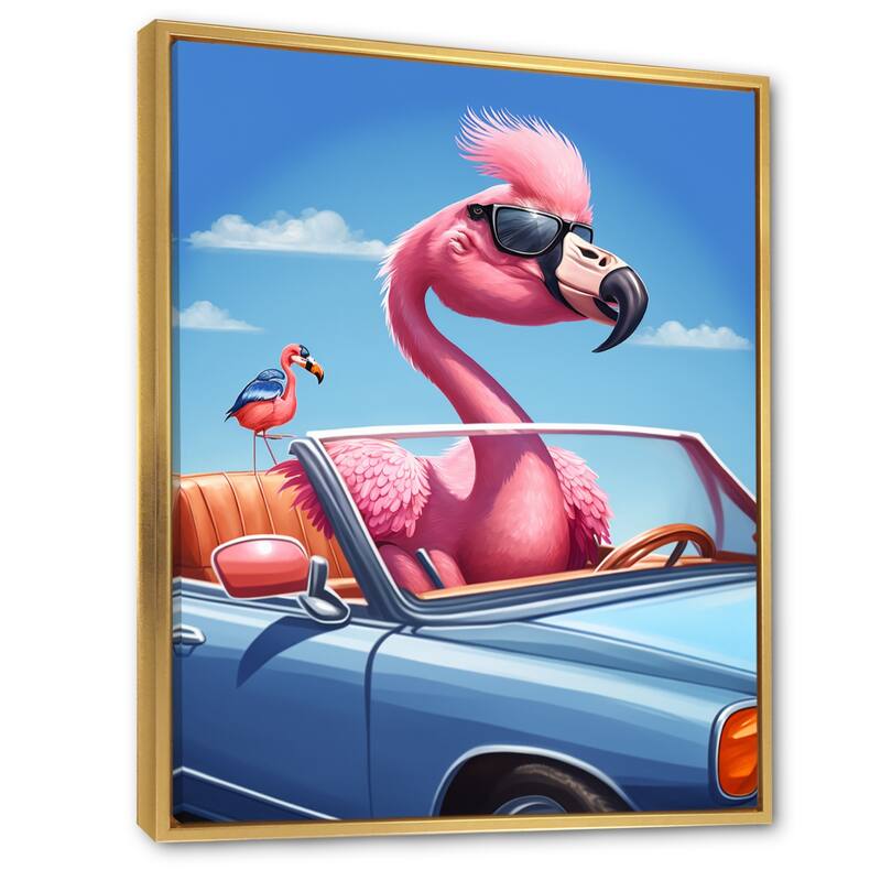 Designart "Pink Flamingo Wearing Sunglasses In Sportscar" Animals Flamingo Framed Canvas Art Print