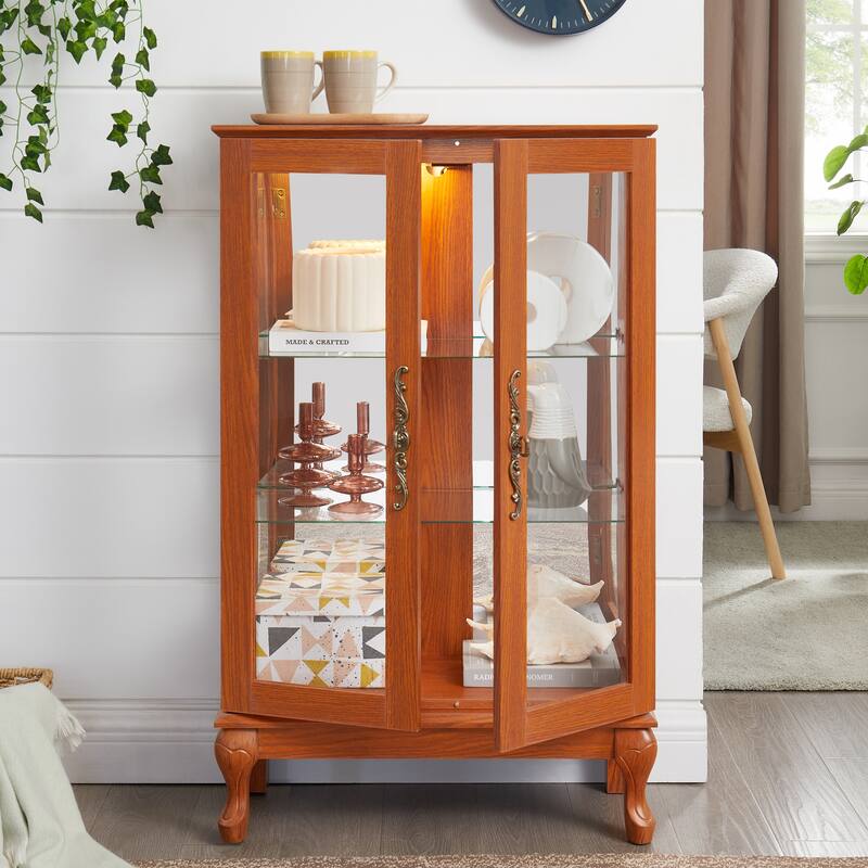 2-Door Curio Cabinet - Tempered Glass, Mirrored Back, Adjustable Shelves & Built-In Lighting (Bulb Included)‌