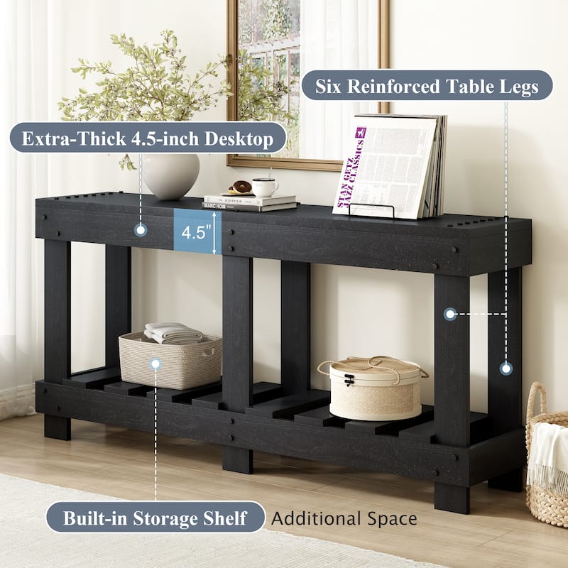 U_Style 62.9" Entryway Table - Fir Wood with Grain,6 Reinforced Legs&4.5" Thick Desktop,Metal Rivet Decor&Plank Under-Shelf