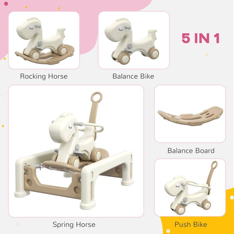5 in 1 Rocking Horse for Toddlers Years 1-6, Kids Spring Ride on Horse Balance Bike with Detachable Balance Board - Cream White
