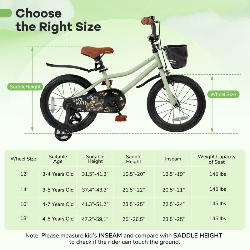Costway 12"/14"/16"/18" Kid’s Bike with Training Wheels Adjustable