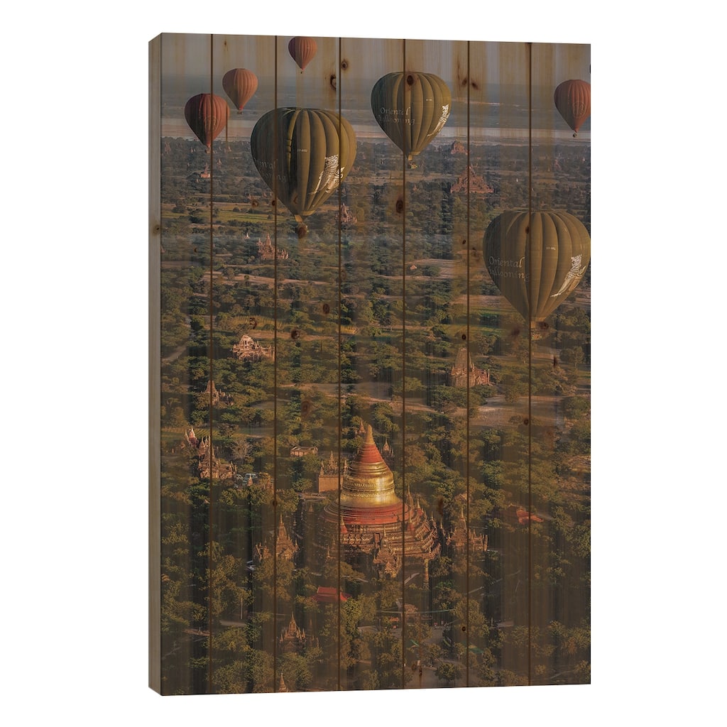 Myanmar Old Bagan Temples Hot Air Balloon II Print On Wood by Alex G Perez - Multi-Color
