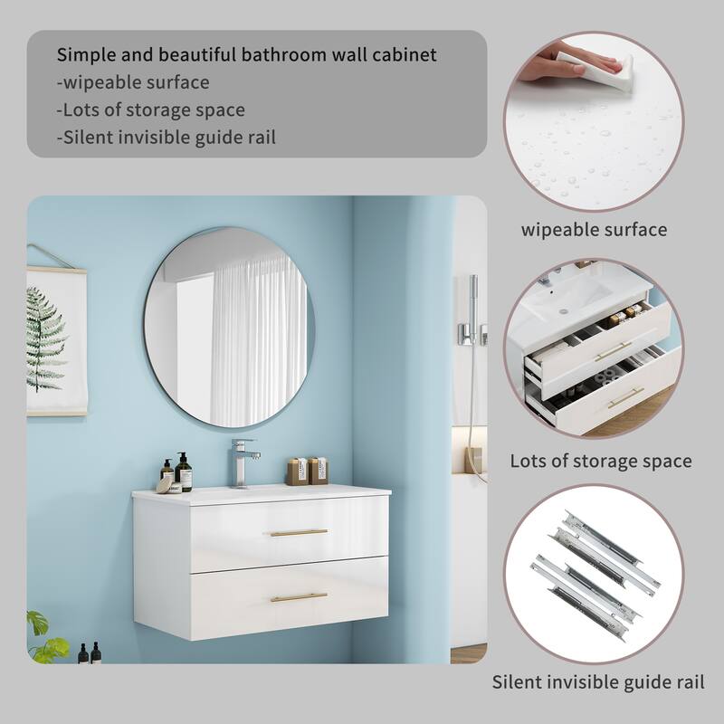 36-Inch Gloss Wall-Mounted Bathroom Vanity with Sink Combo,Double Drawers,Ceramic Sink, Long Gold Metal Handle
