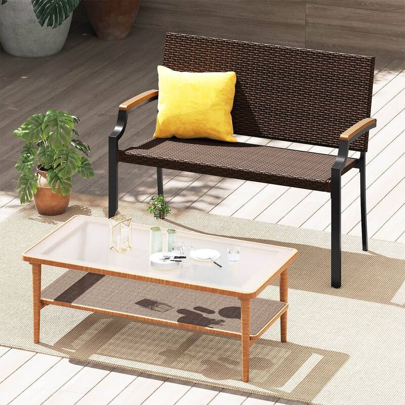 Costway 1/2 PCS Patio Wicker Loveseat Chair with Acacia Wood Armrests