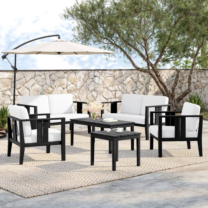 Teak Wood 6-Piece Outdoor Conversation Set with Table - Black frame - Beige/Black