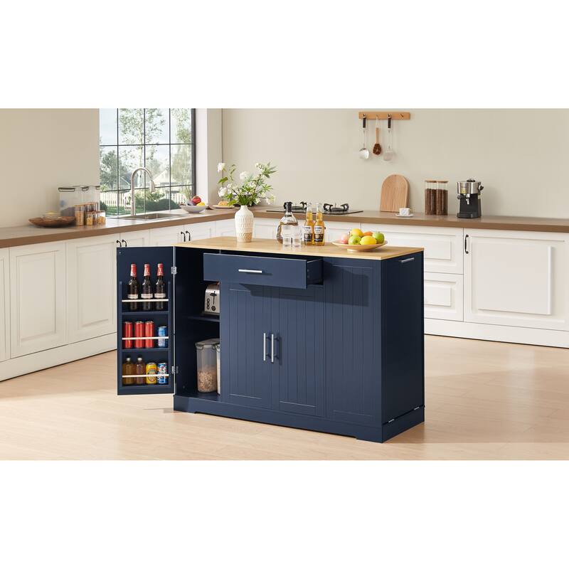 Kitchen Island with Hidden Trash Can, Multi Functional Mobile Island Table, Breakfast Bar with Drawer & Adjustable Shelves