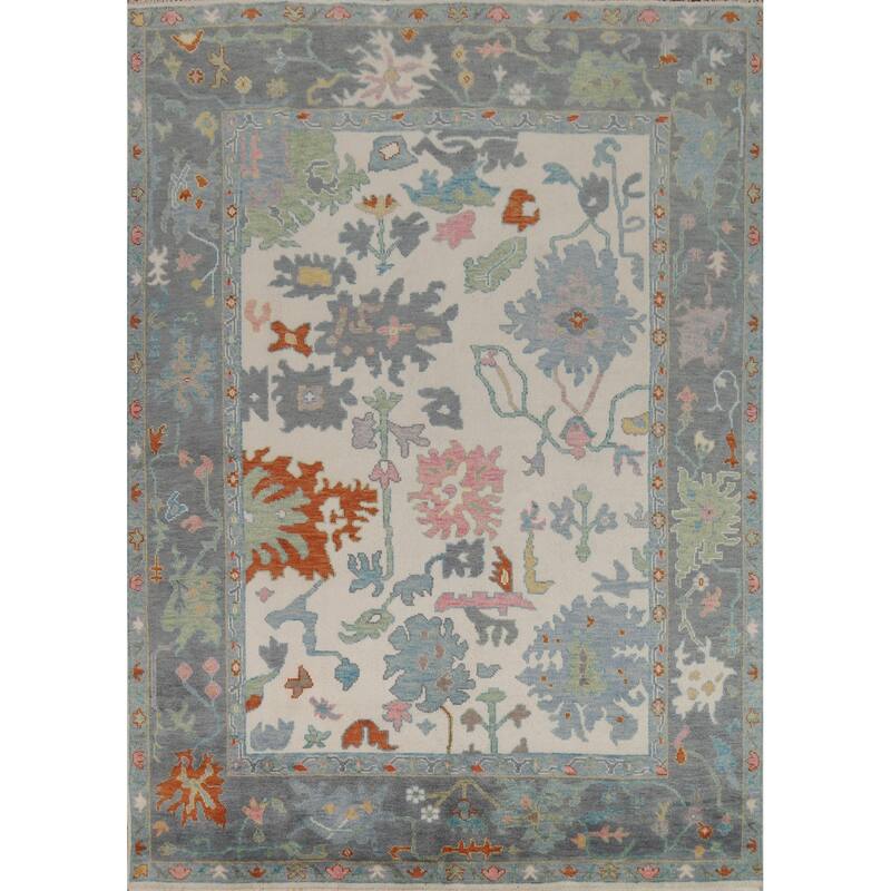 Ivory Oushak Indian Area Rug Hand-Knotted Wool Carpet - 7'9" x 10'3"