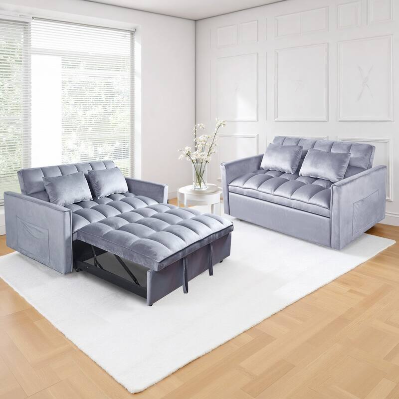 3-in-1 Convertible Sleeper Loveseat Pull Out Twin Size Suede Sofa Bed with 2 Pillows & Pocket