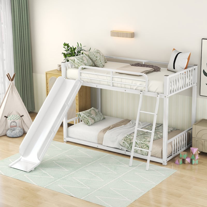 Twin Over Twin Metal Bunk Bed with Slide, White - White