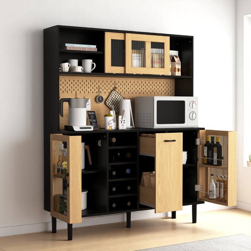 Farmhouse Kitchen Pantry Cabinet 59" High with Power Outlet, Wine Rack, Drawer, and Storage Doors