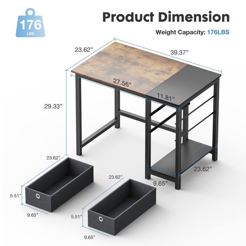 Modern Computer Office Desk with 2 Storage Drawers - 40inch - Rust