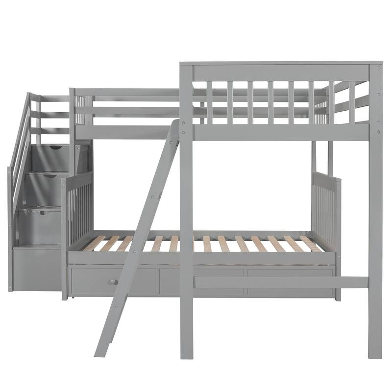 HomeRoots Gray Twin Over Full L Shaped Solid Wood Bunk Bed With Stairs Drawers And Storage