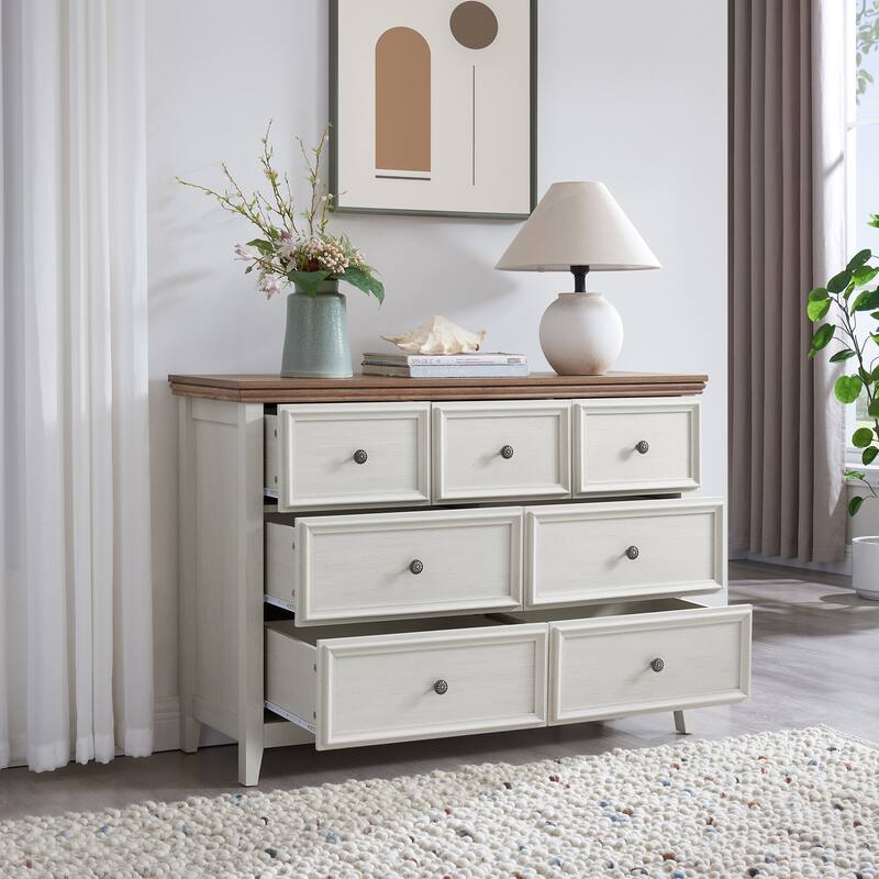 Beige Modern 7-Drawer Dresser, Spacious Clothes Storage Cabinet