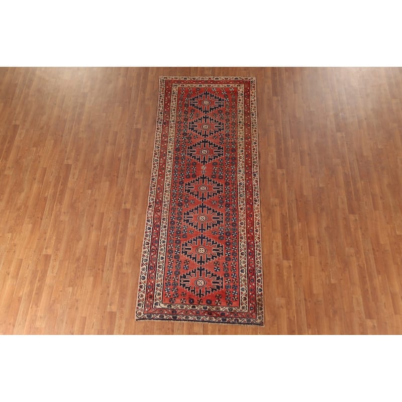 Geometric Sirjan Persian Vintage Runner Rug Handmade Wool Carpet - 3'8"x 9'4"