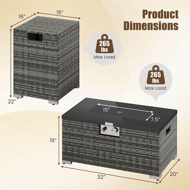 Costway 2 PCS Outdoor Rattan Fire Table Set with Tank Cover Tempered - See Details
