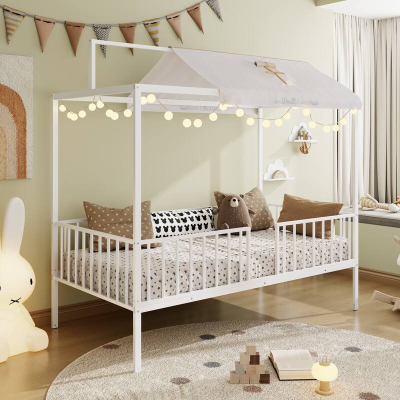 3-in-1 Convertible Metal Bed for Kids, Toddler Floor Bed, Fenced Bed and Montessori Elevated Bed with House-shaped Frame