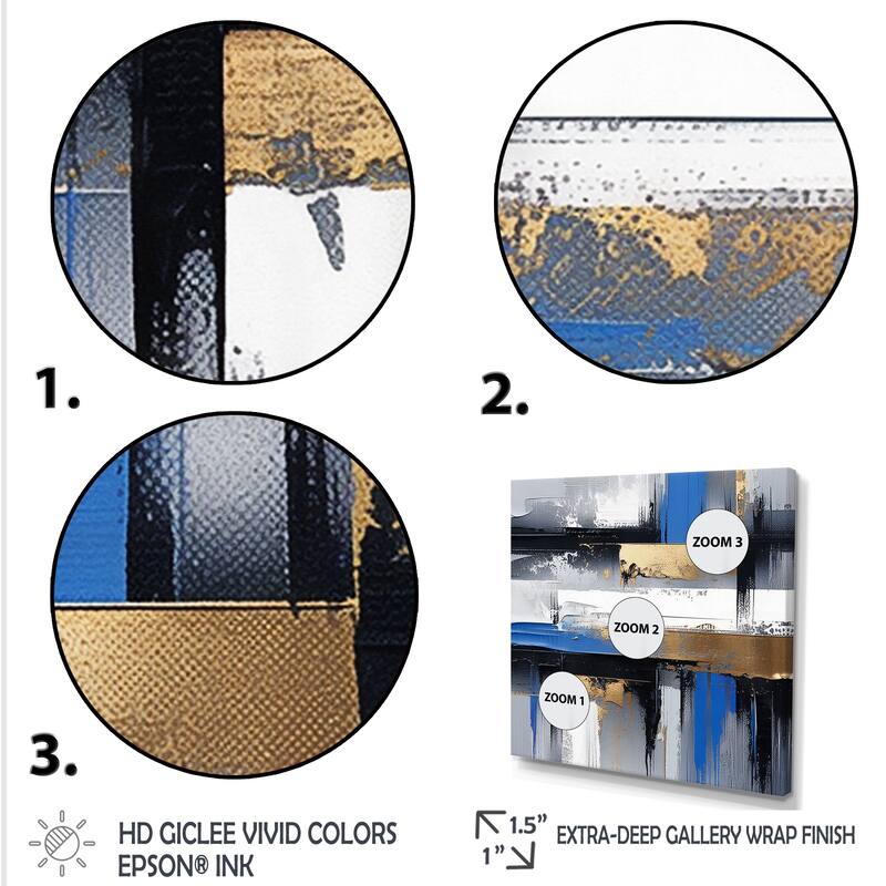 Designart "Gold And Blue Paint Elegance II" Abstract Collages Gold Wall Decor - Modern Living Room Framed Canvas Art