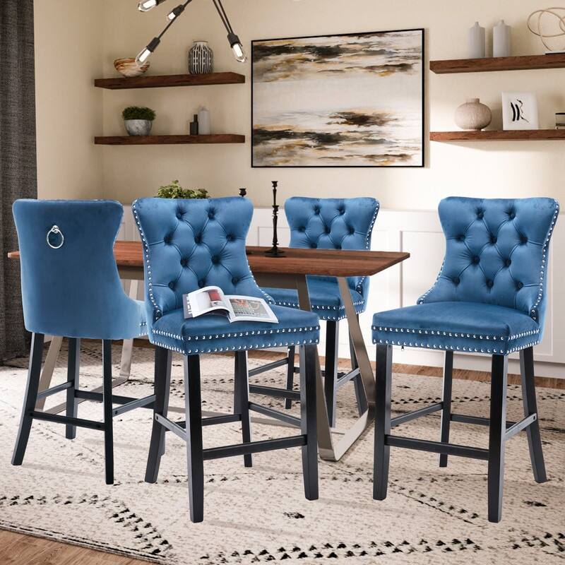 Contemporary Velvet Upholstered Counter Bar Stools Set of 4