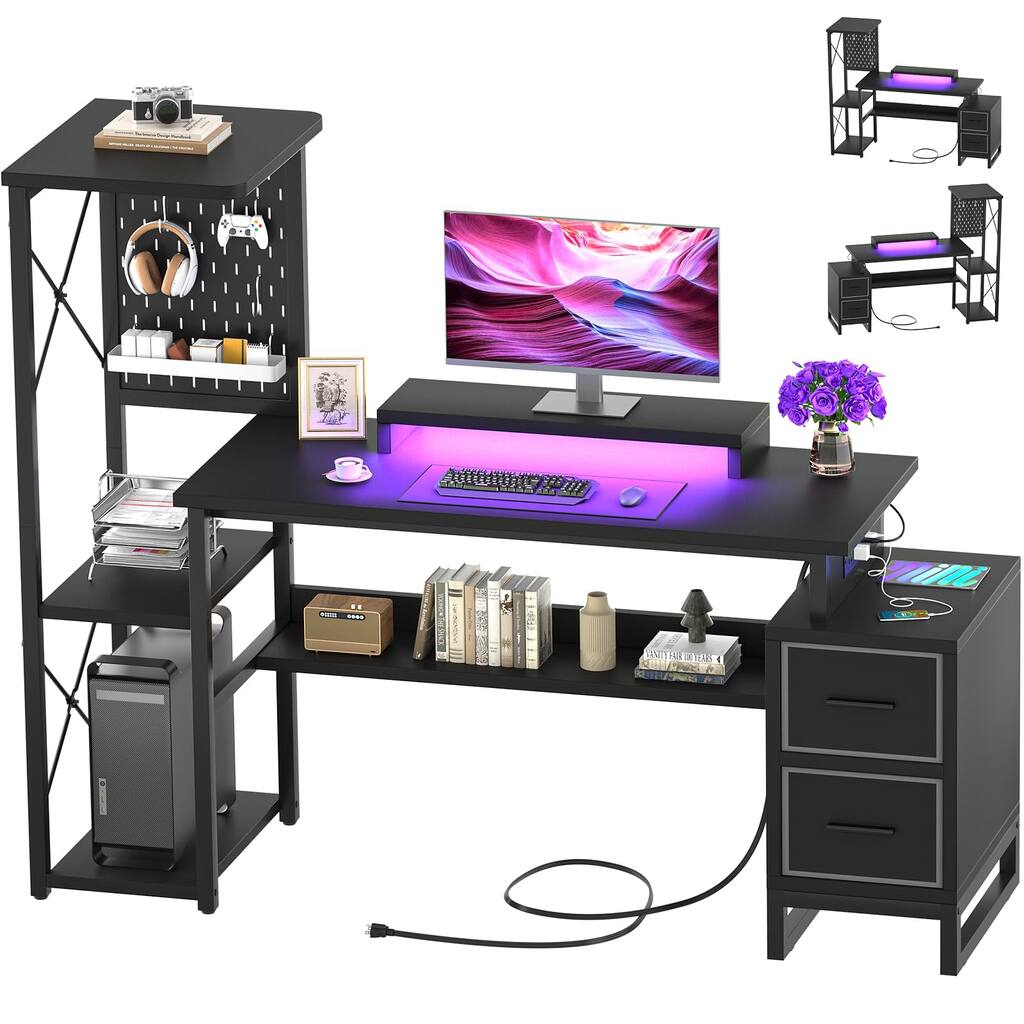 ‌53" Reversible Office Desk with Power/LED, 2 Drawers & Gaming Setup - Monitor Stand/Shelves/Pegboard, Black