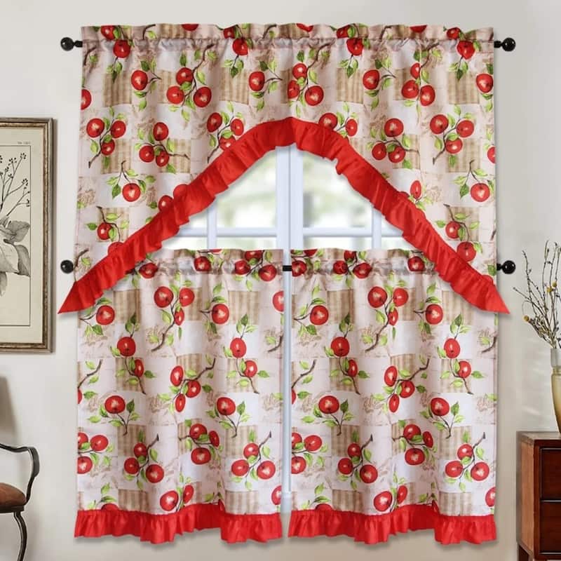 3 Piece Kitchen Curtain Rod Pocket Decorative Window Treatment Valance & Swag Curtain Set