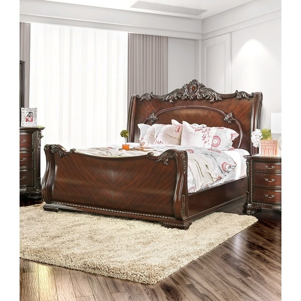 slide 2 of 6, Furniture of America Cane Traditional Cherry Solid Wood Sleigh Bed