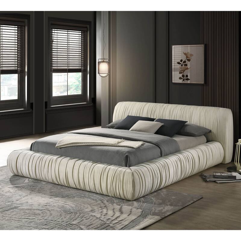 Furniture of America Henrietta Modern Velvet Upholstered Low Profile King Platform Bed - Ivory