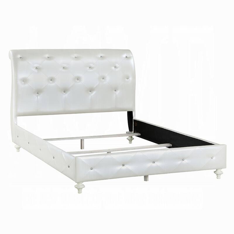Dorie Full Bed, Pearl White Faux Leather Victorian Carved w Crystals
