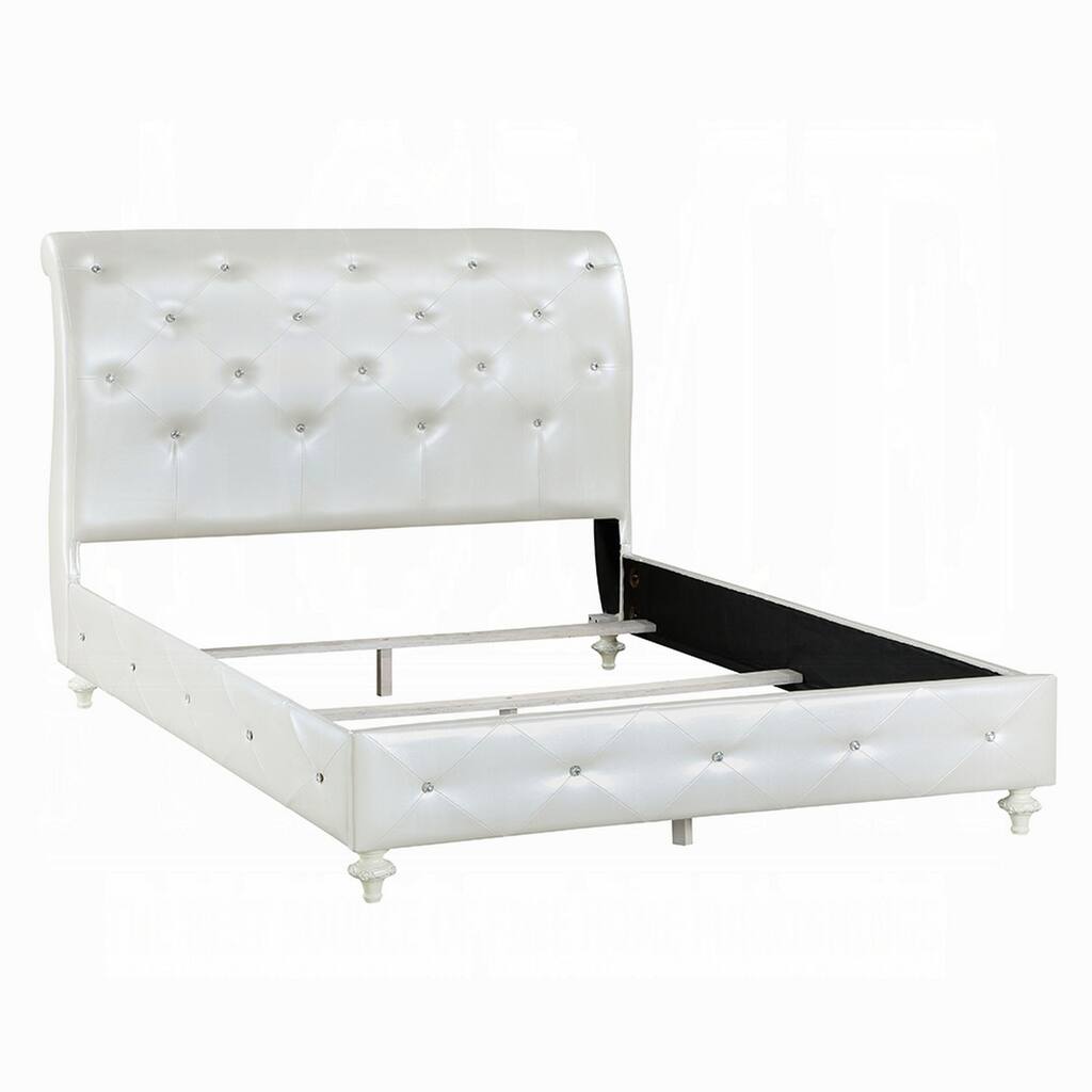 Dorie Twin Bed, Pearl White Faux Leather Victorian Carved w Crystals