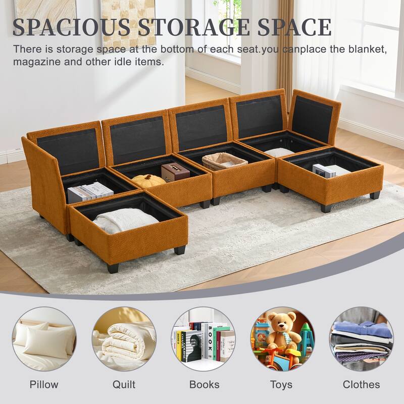 HOMEFUN 6-Seat Polyester Upholstered U-Shaped Modular Storage Sleeper Sectional Sofa with Storage Ottoman
