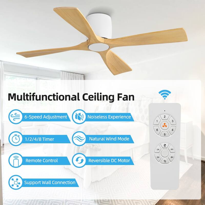 MLiAN 4 Soild Wood Blades Flush Mount Ceiling Fan Remote Control 6-Speed DC