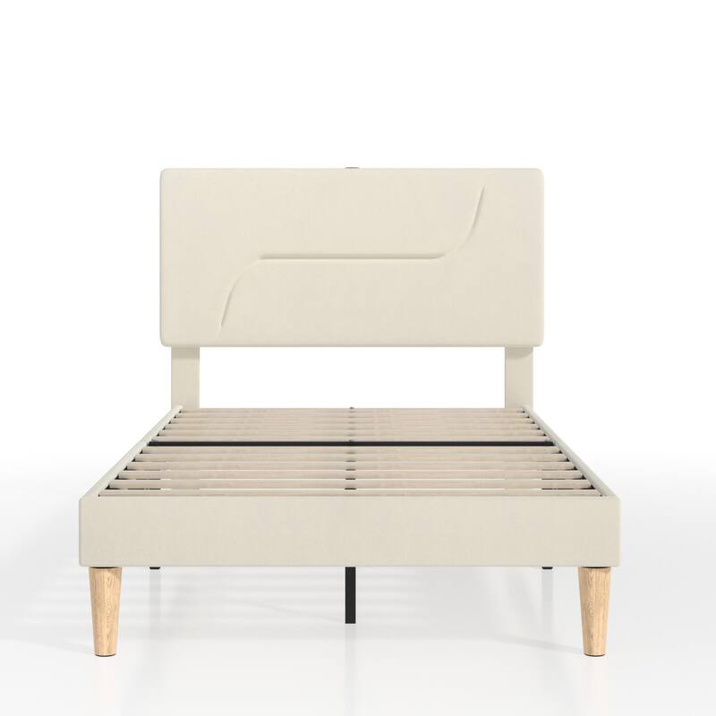 Javlergo Bed Frame with Smart LED Lights, Velvet Bed Frames with USB Charging Station, Modern Platform Bed