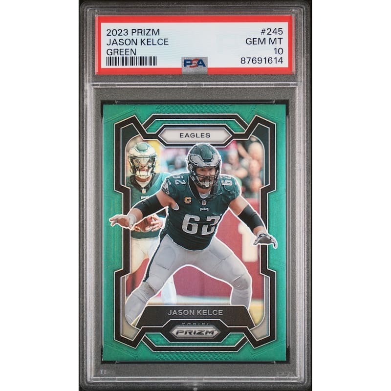 Jason Kelce 2023 Panini Prizm Green Football Card #245 Graded PSA 10 - 8'6" x 11'6"