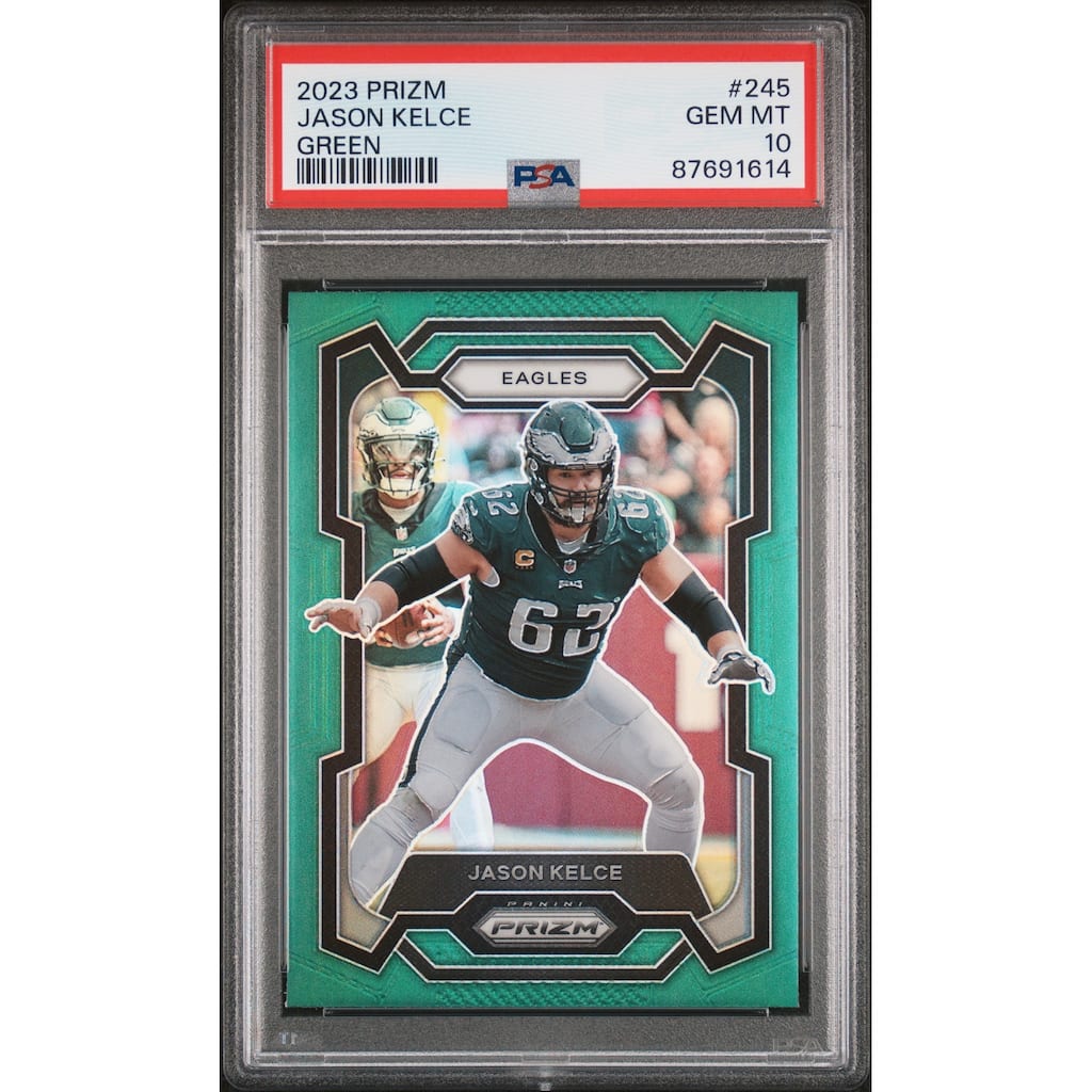 Jason Kelce 2023 Panini Prizm Green Football Card #245 Graded PSA 10 - 8'6" x 11'6"