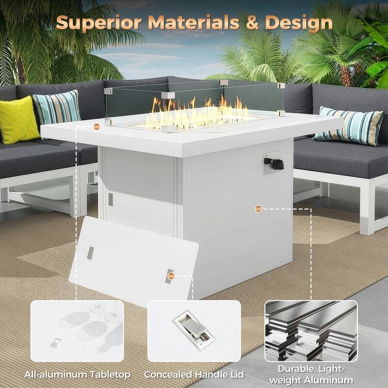 43" Outdoor Aluminum Gas Fire Pit Table, 60,000 BTU, Propane/Natural Gas, Glass Wind Guard