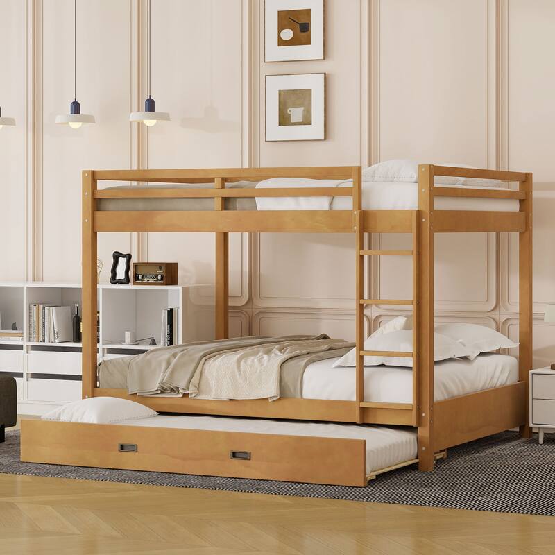 Queen Size Pinewood Bunk Bed with Ladder, Guard Rails and Twin XL Trundle