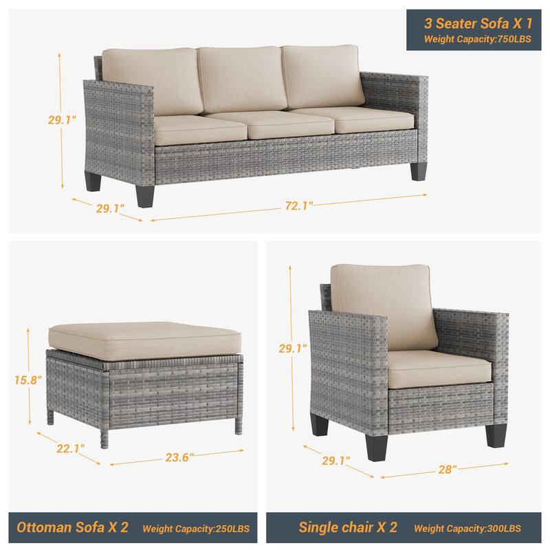 LIVOOSUN 5Pcs Patio Furniture Set Grey Rattan Coversation Seating Set